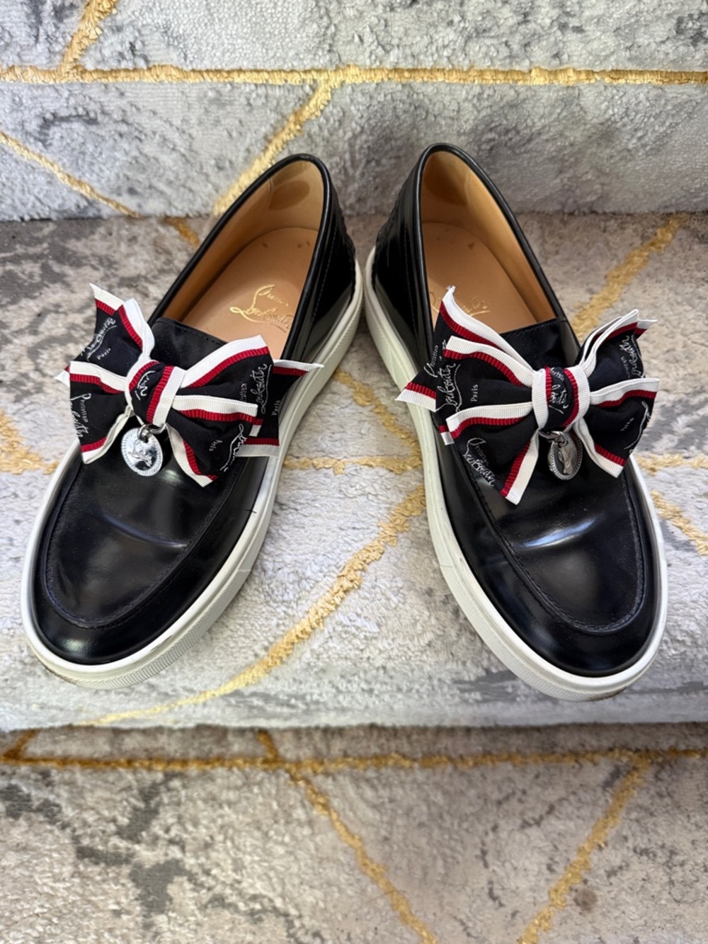 Christian Louboutin Black Leather Slip-On Loafers with Red-White Ribbon Bows